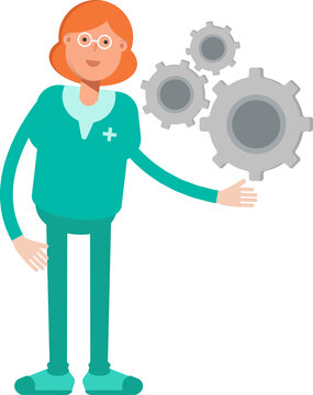 Female Doctor Character Holding Gears
