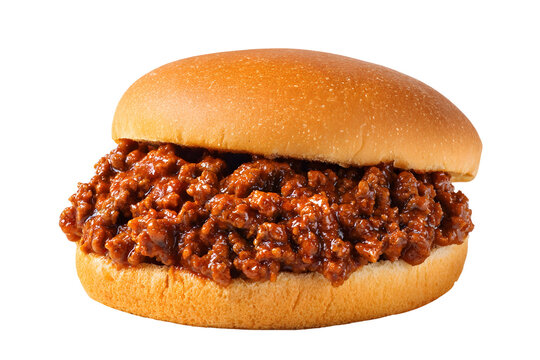 Close-up of a sloppy joe sandwich with saucy ground beef in a soft bun, isolated on white background