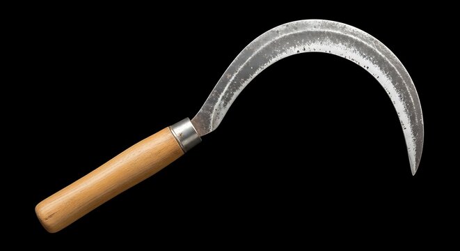 Close-up of a well-used curved bladed sickle with wooden handle against a black backdrop