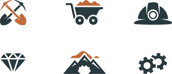 Mining industry related icons with pickaxe shovel wheelbarrow hard hat diamond mountain gears on white background © Shahin Stock