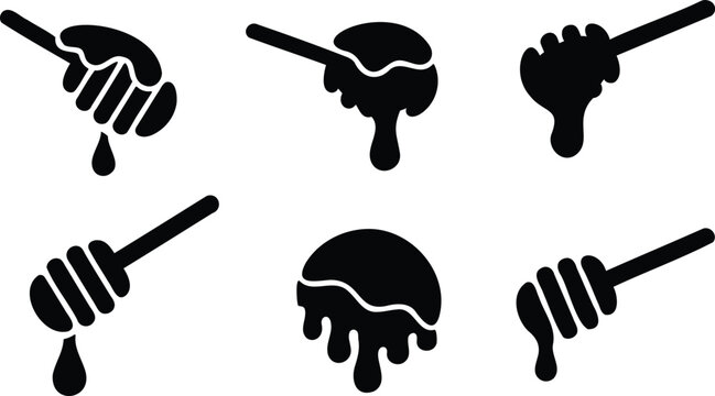 Honey dippers and honeycombs with dripping honey in various positions and shapes on white background