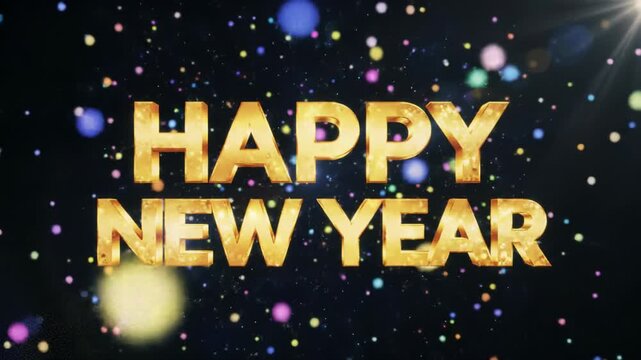 Luxurious 3D golden 'Happy New Year!' text with glitter, animating in a deep cosmic void with glowing multi-colored particles, lens flares and bokeh. Grand festive celebration