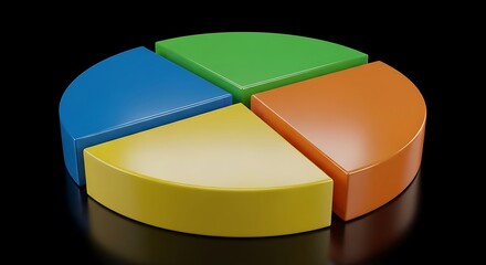 Obraz premium Colorful 3D pie chart, four segments, on black surface, reflecting light