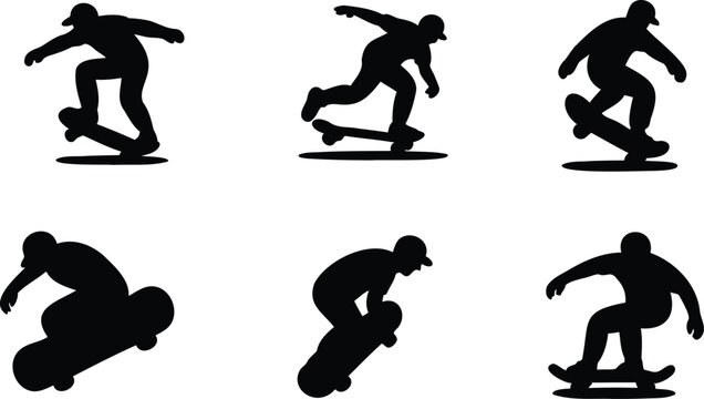 Silhouette illustrations of skateboarders performing various stunts and tricks on skateboards in different positions and movements  skateboarding