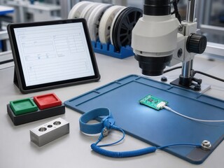 Naklejka premium a microscope focused on a medical sensor PCB, with ESD-safe bench elements and a tablet showing a blank measurement form for disciplined process. 