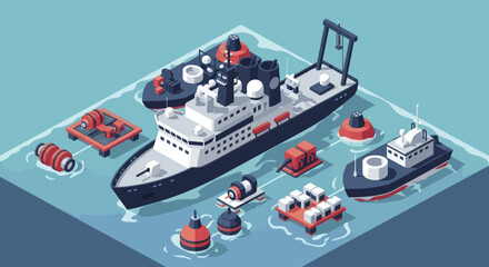 Isometric illustration of a large icebreaker ship surrounded by various maritime buoys and smaller vessels. © Duren