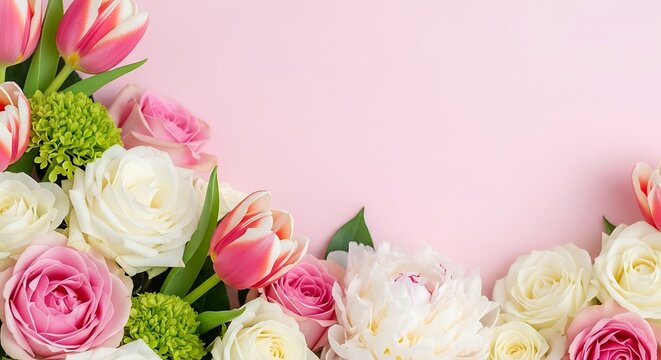 Pink and white flowers bouquet border with green leaves