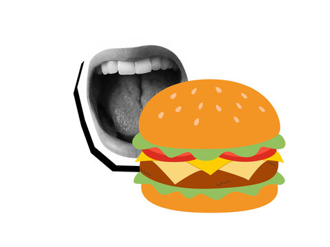 Opened mouth and burger - eating fast food. Modern collage style. Illustration on a transparent background
