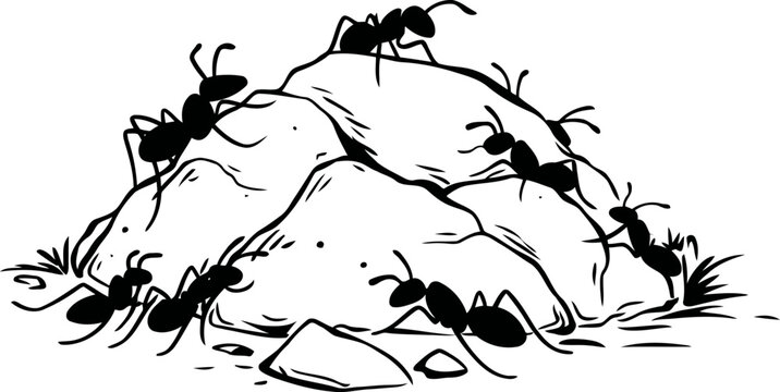 Ants working together on anthill mound, insect teamwork and nature colony illustration