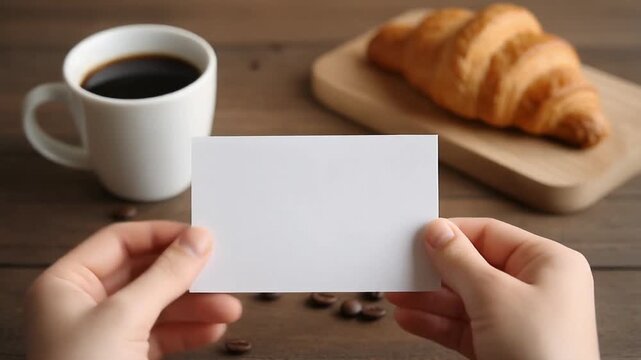 Hands holding blank business card with coffee and croissant on wooden table