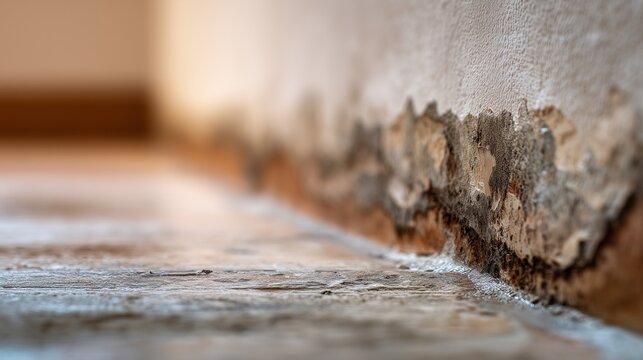 Concrete slab with water damage and deteriorating wall base indicating slab leak repair and concrete repair need.