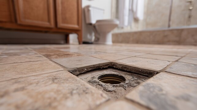 Bathroom tile removed to expose plumbing access hole for slab leak repair and concrete repair beneath tiled floor.