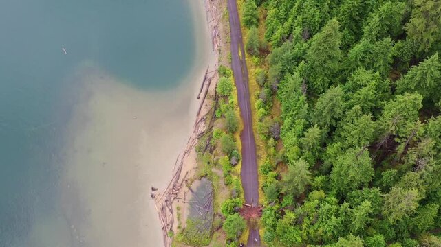 Cinematic high-angle drone shot of a narrow road curving through a dense evergreen forest beside a calm, reflective lake. Moody mountain peaks and low clouds define the British Columbia landscape.