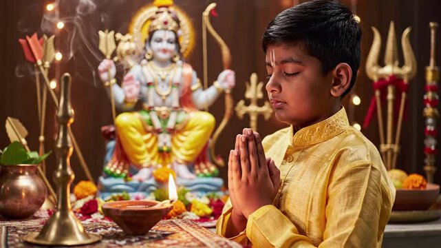 Young Indian boy praying with folded hands in front of a deity statue, lit diya lamp, and festive decorations, evoking devotion and spirituality