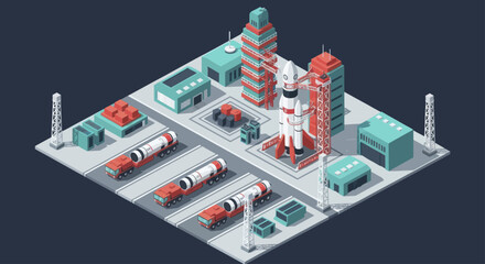Isometric Spaceport with Rocket and Launchpad. © Duren