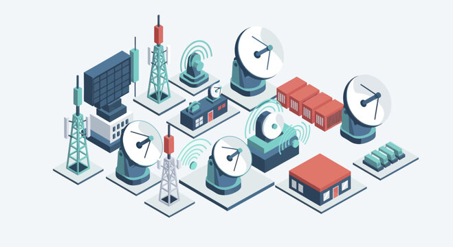 Isometric Telecommunication Network Infrastructure with Satellite Dishes and Towers.