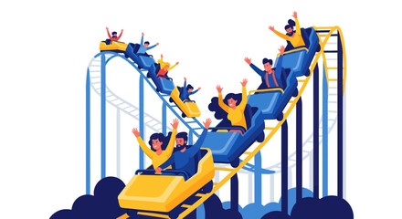 Excited people riding a thrilling roller coaster at an amusement park, fun day out. © Zahem