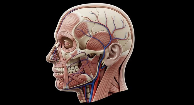 Detailed anatomical illustration showcasing a side view of the human head, revealing muscles, skull, and vessels