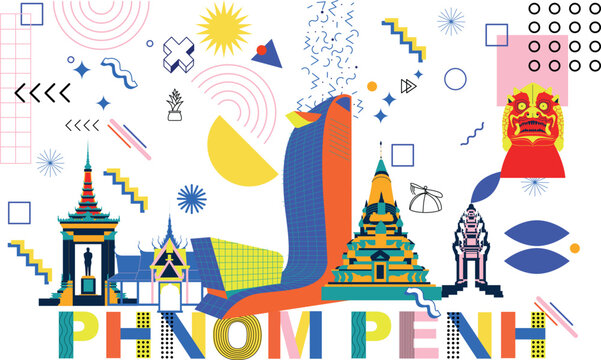 Phnom Penh culture travel set, Cambodia famous architecture and specialties in flat design. Business travel and tourism concept clipart. Image for presentation, banner, website, advert, flyer, roadmap