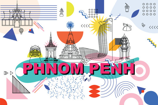 Phnom Penh culture travel set, Cambodia famous architecture and specialties in flat design. Business travel and tourism concept clipart. Image for presentation, banner, website, advert, flyer, roadmap