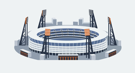 Naklejka premium Large modern sports stadium with bright floodlights for evening games.