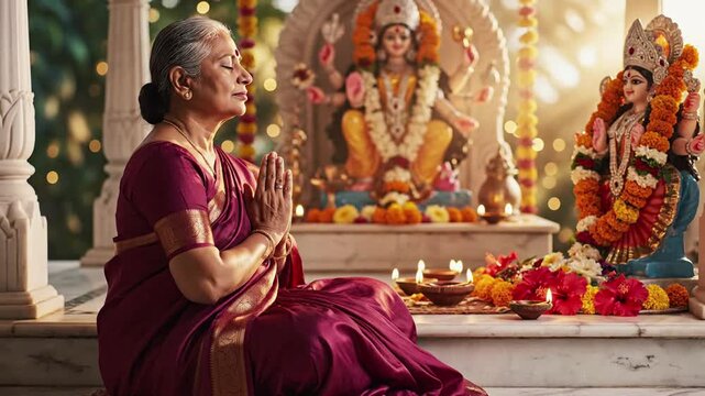 Elderly woman in traditional Indian sari praying with hands clasped before hindu deities and diyas in a serene temple setting, conveying devotion and spirituality