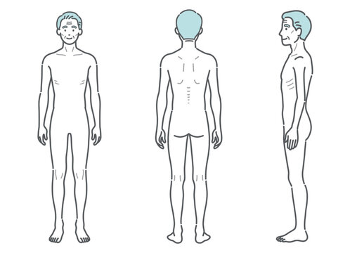 痩せ型のシニア男性の全身イラスト（正面・背面・側面の3アングルセット）