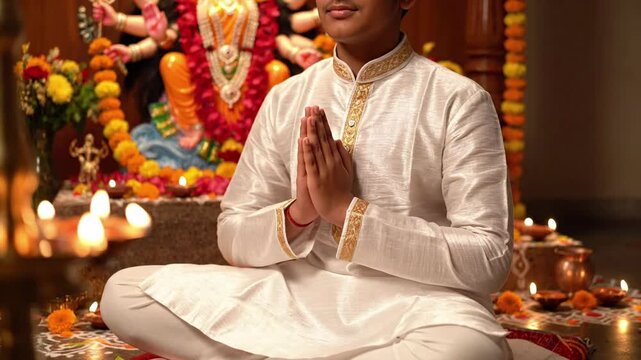 Young boy in traditional white kurta praying with hands clasped in front of a Hindu deity idol adorned with flowers and lit diyas, conveying devotion and cultural celebration