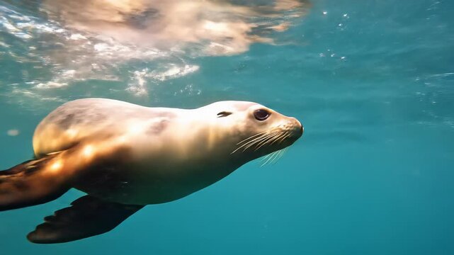 Playful sea lion with sleek grey fur and whiskers swims in turquoise ocean, nudging camera in extreme close-up, then circles under golden sun caustics. Immersive marine wildlife documentary concept