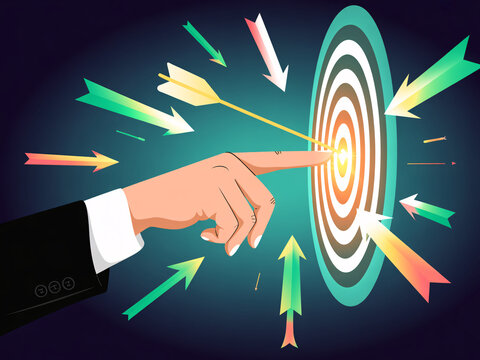 Business target and goal concept with hand pointing to bullseye and colorful arrows, flat vector illustration