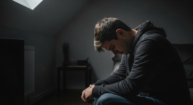 Man sitting alone in dark room.