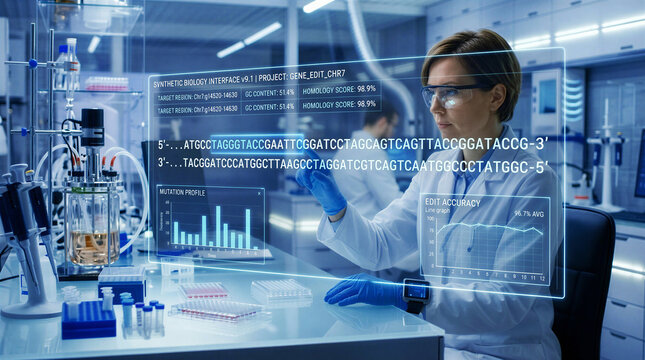 Futuristic biotechnology lab with scientists using a holographic interface for real-time DNA editing, featuring clean UI