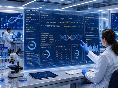 Futuristic biotechnology lab with scientists using a holographic interface for real-time DNA editing, featuring clean UI