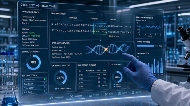Futuristic biotechnology lab with scientists using a holographic interface for real-time DNA editing, featuring clean UI