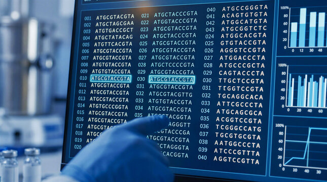 Futuristic biotechnology lab with scientists using a holographic interface for real-time DNA editing, featuring clean UI