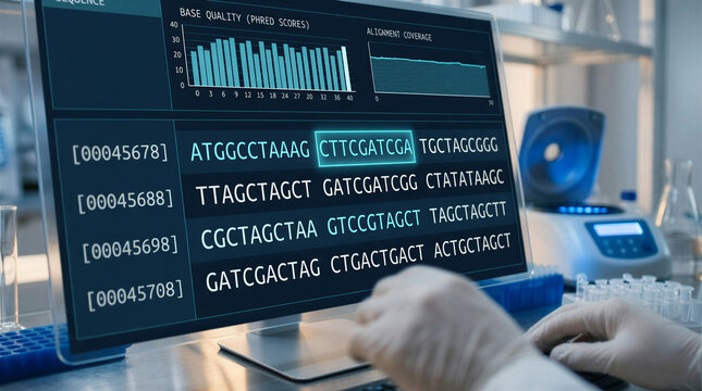 Futuristic biotechnology lab with scientists using a holographic interface for real-time DNA editing, featuring clean UI