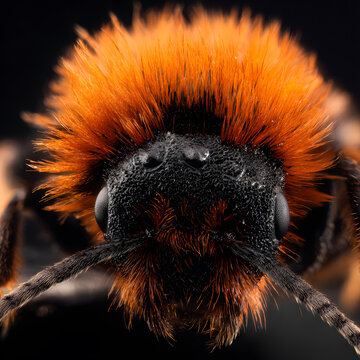 Macro portrait of fuzzy orange insect head Compound Eyes