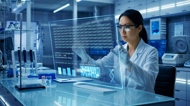 Futuristic biotechnology lab with scientists using a holographic interface for real-time DNA editing, featuring clean UI