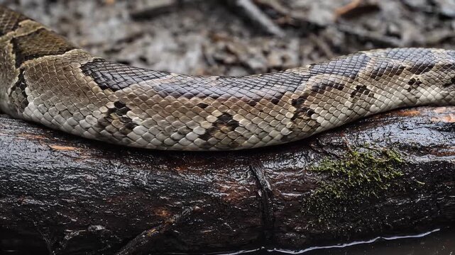 Large Burmese python snake slithering on a wet mossy log in nature forest habitat close up