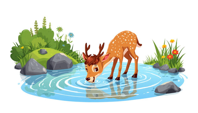 antlered deer drinking river water