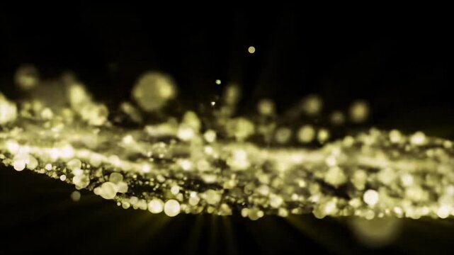 Wide video of luminous yellow/white circular particles forming an undulating wave in a deep black void, with bokeh and flares, slow dolly video. Futuristic digital nebula concept