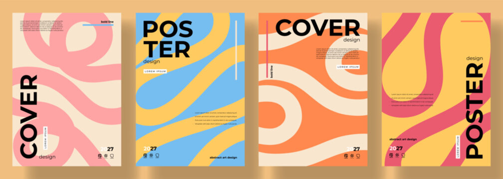 Minimalist abstract posters set. Vector flyers with winding bold lines forming a visual rhythm. Cover collection for modern art projects, graphic design, branding, advertising, corporate identity.