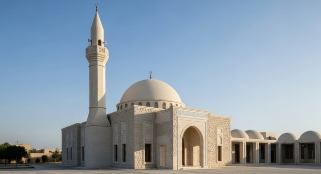 A large white mosque with a tall minaret and dome roof