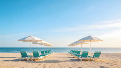 Fototapeta premium Beach chairs and umbrellas on sand