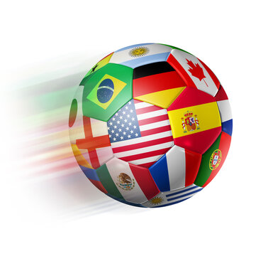 World football soccer ball with team national flags on white background. 2026 competition