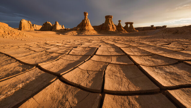 Cracked Desert Earth and Hoodoos Under Dark Sky