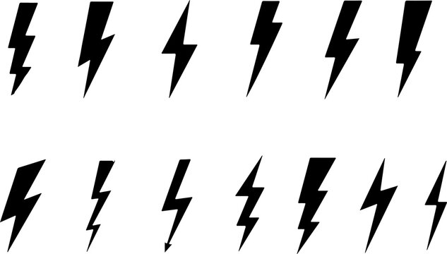 Lightning bolt. Distressed black lightning bolt icons with grunge texture. Bold electric power symbols, punk vintage rock style logos, posters and flash stickers. Vector set