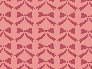 Obraz premium A repeating pattern of dark pink bows on a lighter pink background. Each bow is symmetrical, featuring two loops and two trailing ribbons. The design forms a seamless