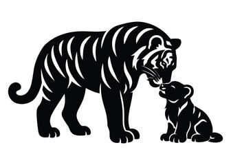 Obraz premium Mother Tiger and Cub Silhouette Vector, Wildlife Family Love Concept, Minimal Black Animal Illustration, Elegant Nature Logo Design