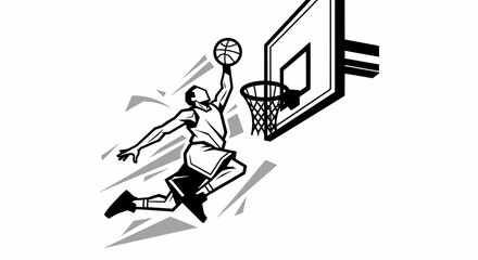 High-Flying Dunk: A dynamic illustration captures the essence of basketball with a player soaring through the air for a powerful dunk, embodying skill and athleticism. © Yusuf